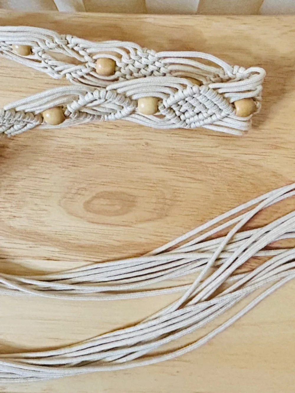 *Festival* Beige Macrame Tie Belt Adjustable No Buckle Wooden Beads Tassels